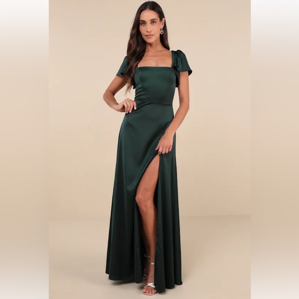NWT Lulus Ultimate Sweetness Emerald Green Satin Flutter Sleeve Maxi Dress